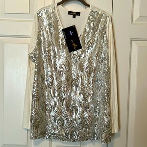 Brand New HSN Joan Boyce Cream Sequin Long Sleeve Vneck Top, sz 1x, NWT